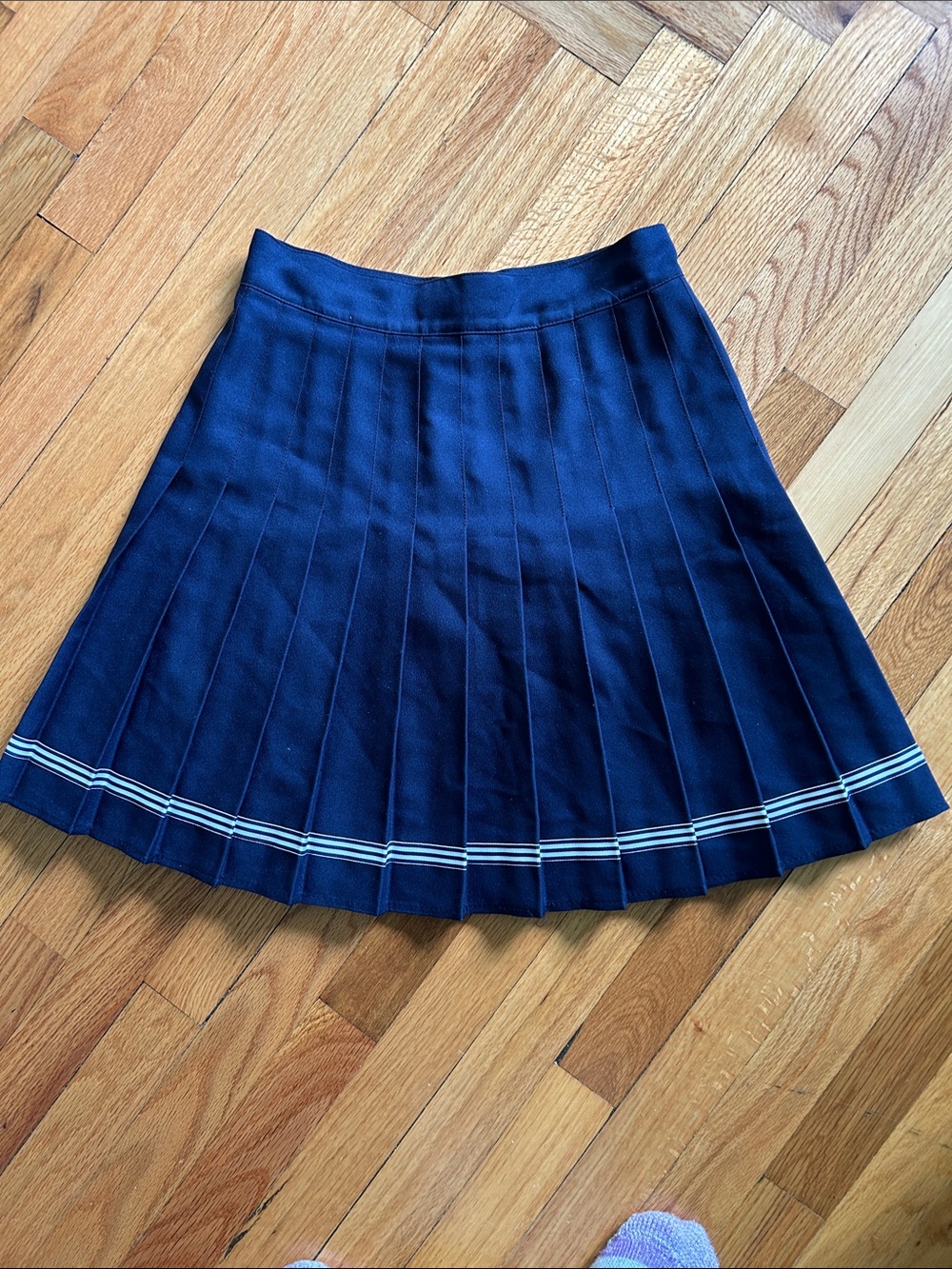 Vintage 1980s 1990s Pleated Skirt Navy Blue with White Stripe At Hem